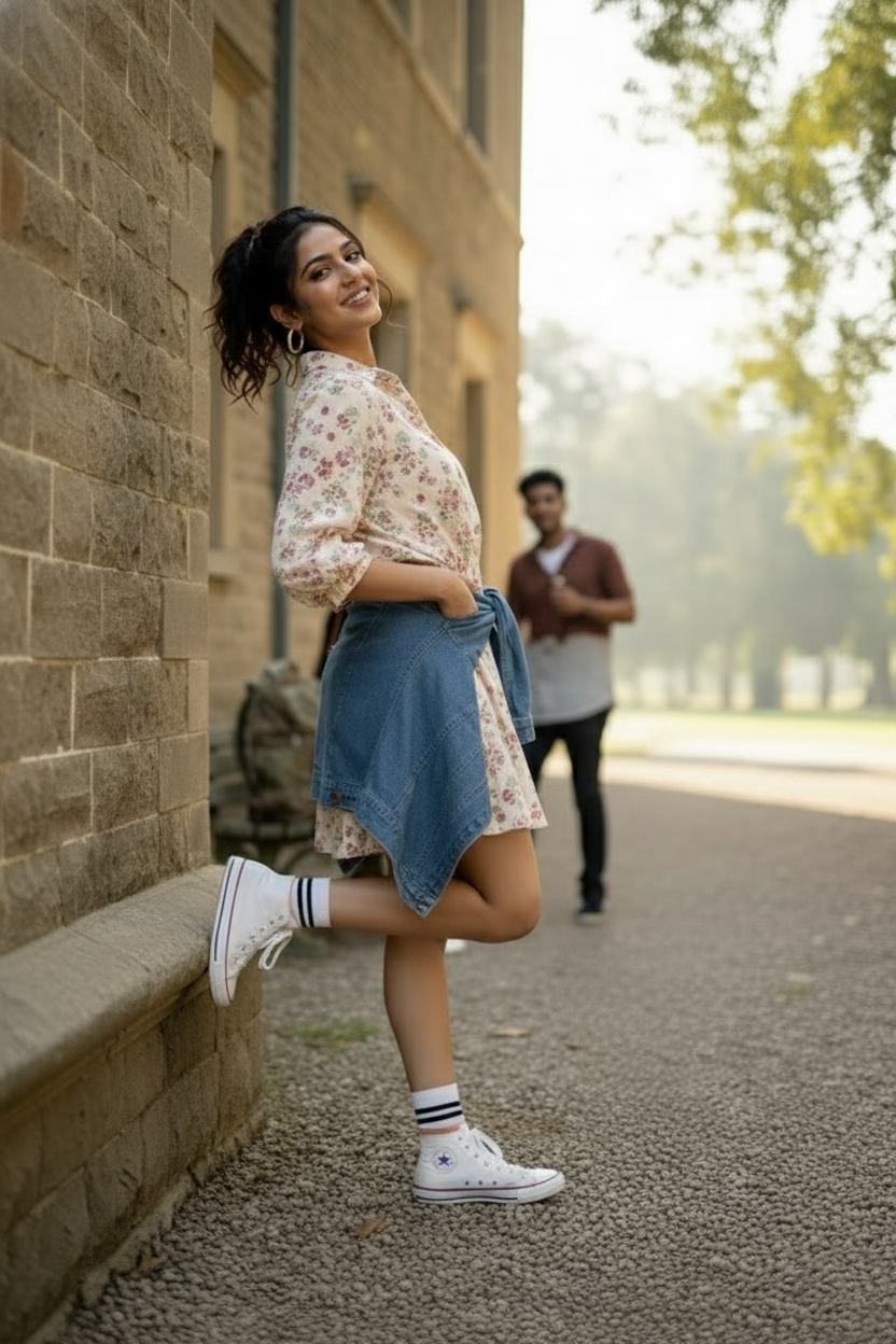 Side angle of women’s floral collar short dress with ditsy print | June 9 Clothing