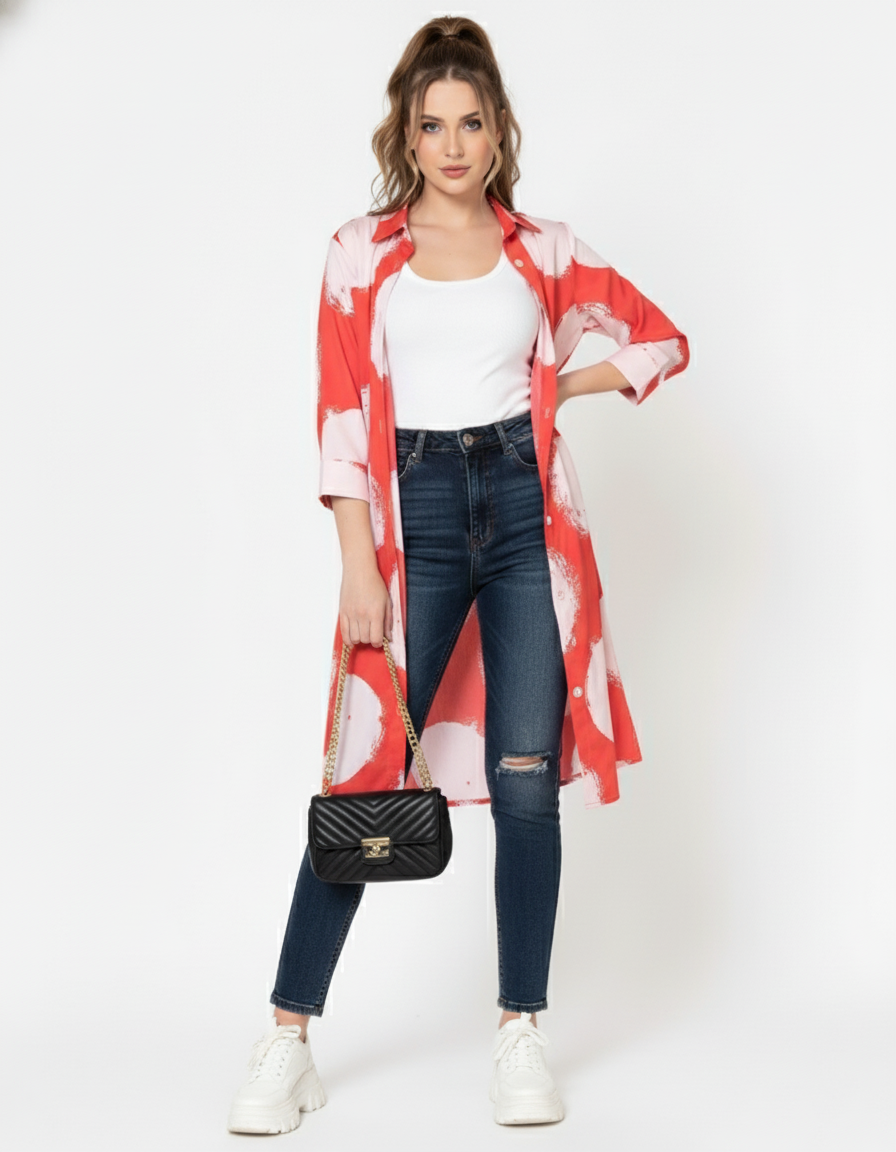 Front view of women’s cotton red mini shirt dress | With Jeans | June 9 Clothing