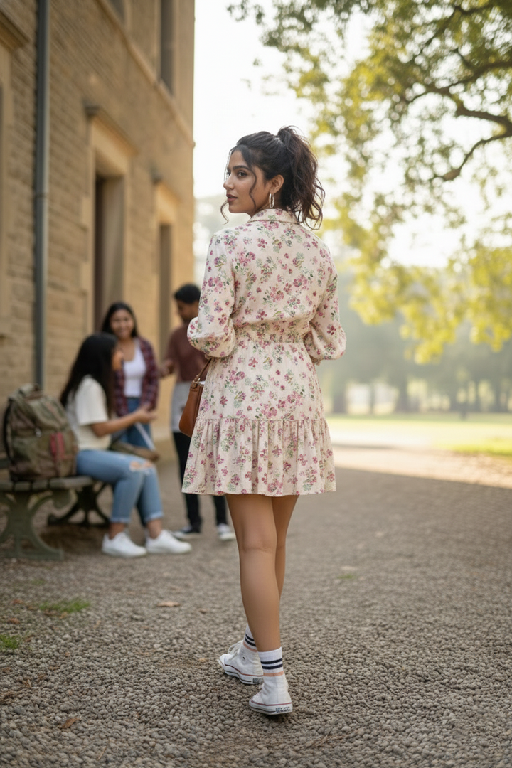 Back view of women's ditsy floral collar short dress | June 9 Clothing