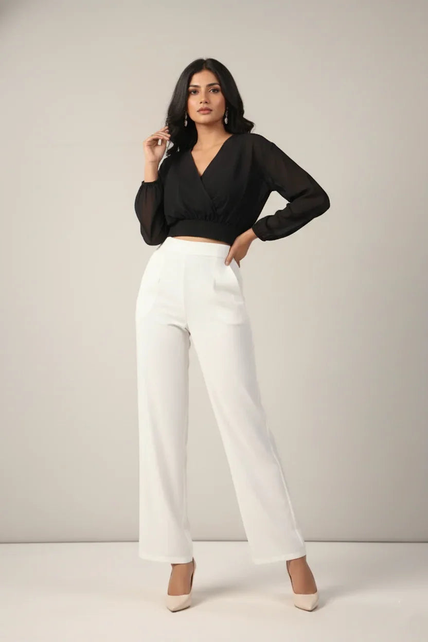 Chiffon Black Crop Top With Smocked Waist