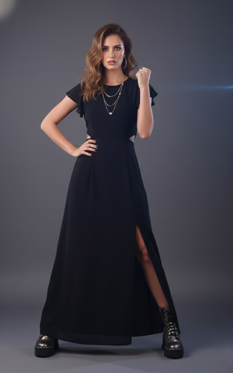 Close-up of black georgette fabric texture and dress details | June 9 Clothing