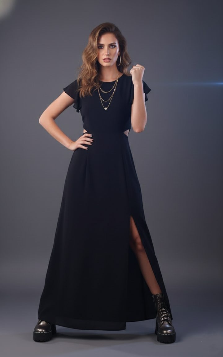 Close-up of black georgette fabric texture and dress details | June 9 Clothing