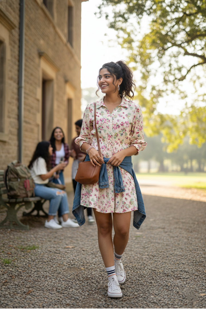 Model wearing ditsy floral collar short dress — casual summer look | June 9 Clothing