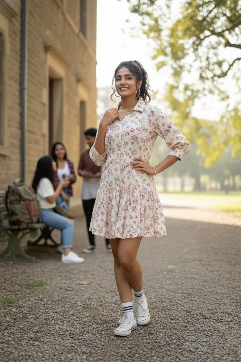 Close-up of ditsy floral print and fabric texture on short dress | June 9 Clothing