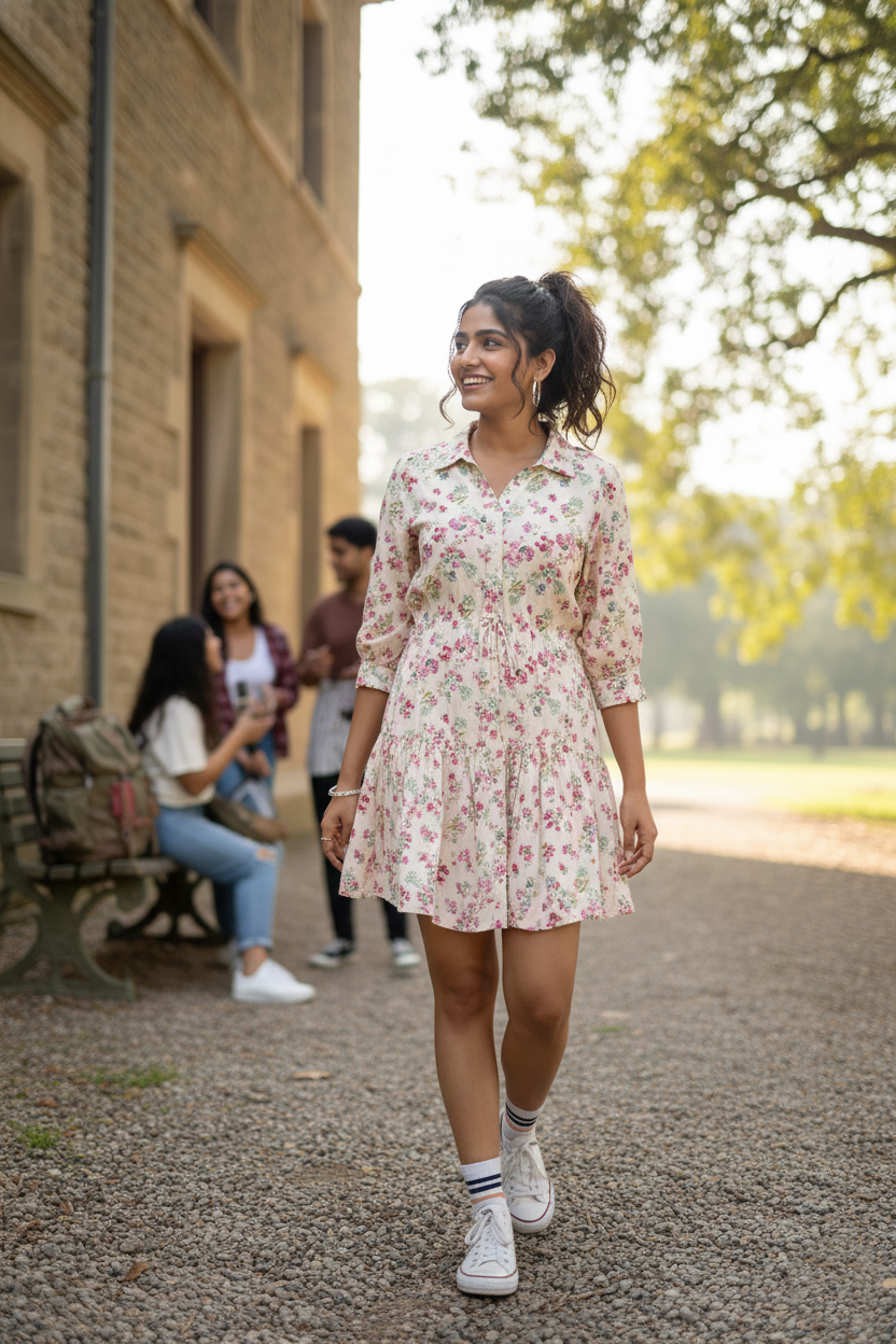 Women’s floral collar short dress styled on model | June 9 Clothing