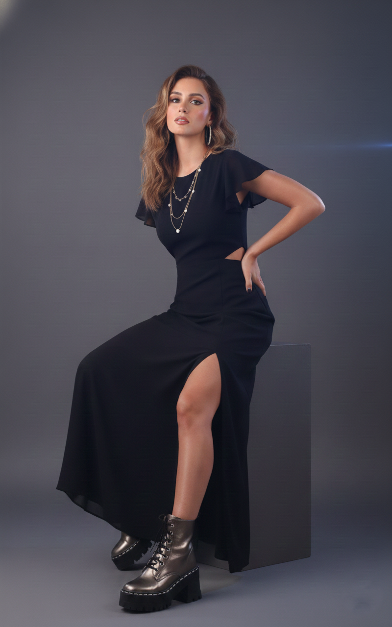 Women’s black georgette maxi dress styled on model | June 9 Clothing 