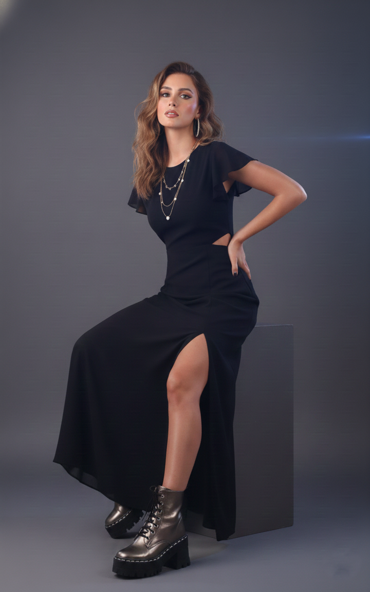 Women’s black georgette maxi dress styled on model | June 9 Clothing 