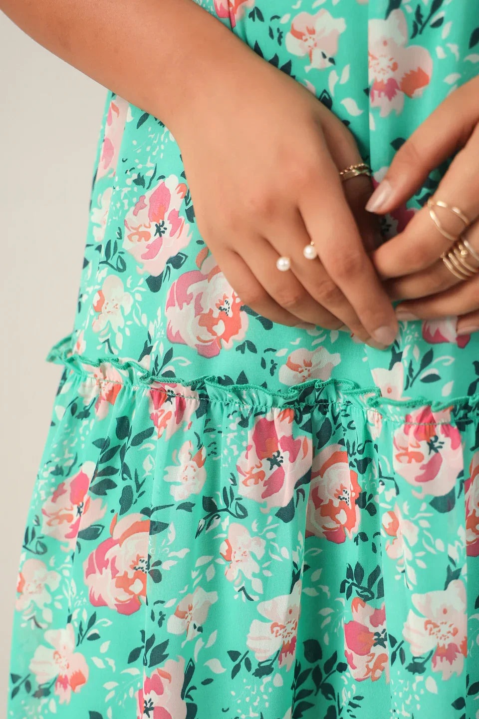 Model wearing a June 9 stylish midi dress for brunch or a summer casual occasion. | Close look