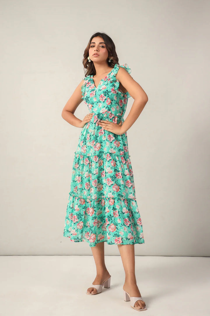 June 9 Clothing Women's Floral Georgette Fit and Flare Midi Dress Western Party Wear