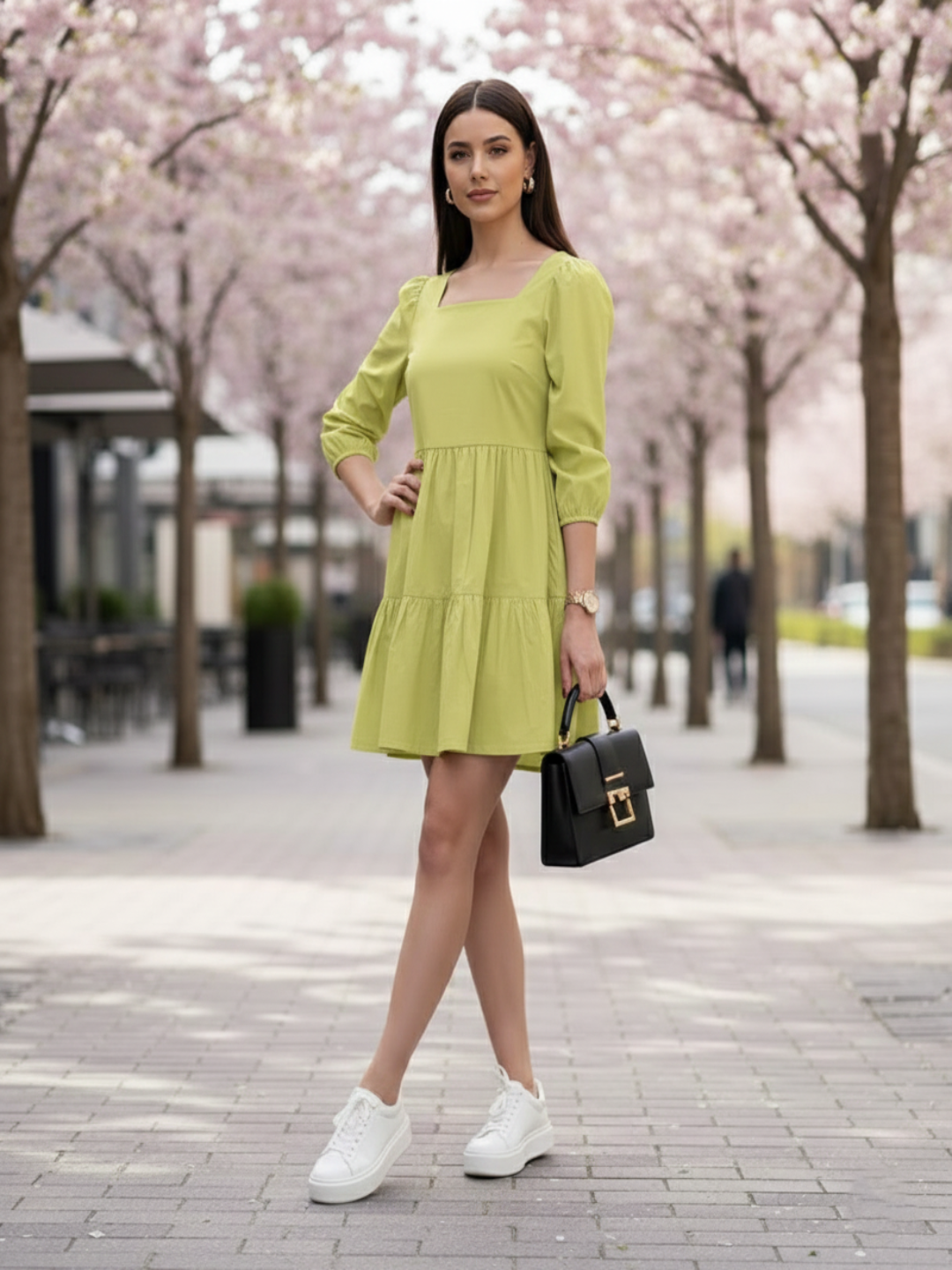 Green Mini Dress for Women in Cotton Satin - full size styling 