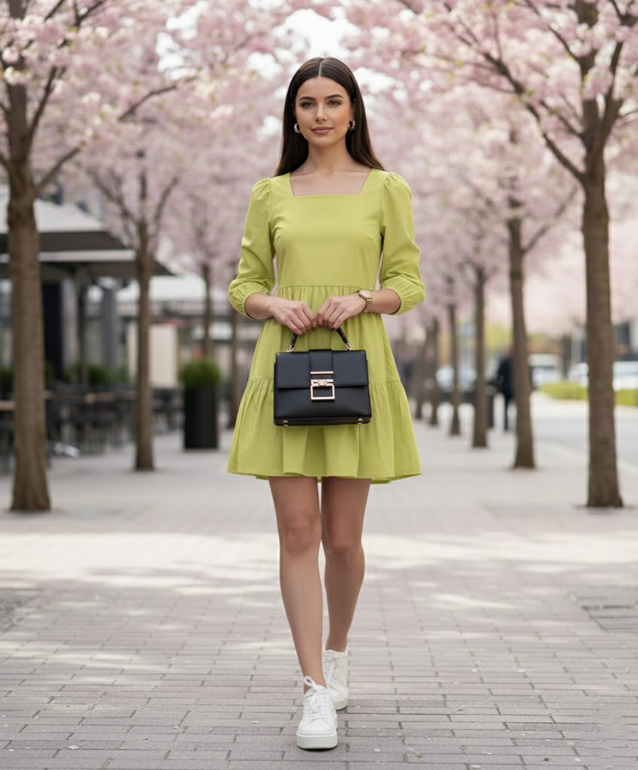 Green Mini Dress for Women in Cotton Satin - model with bag