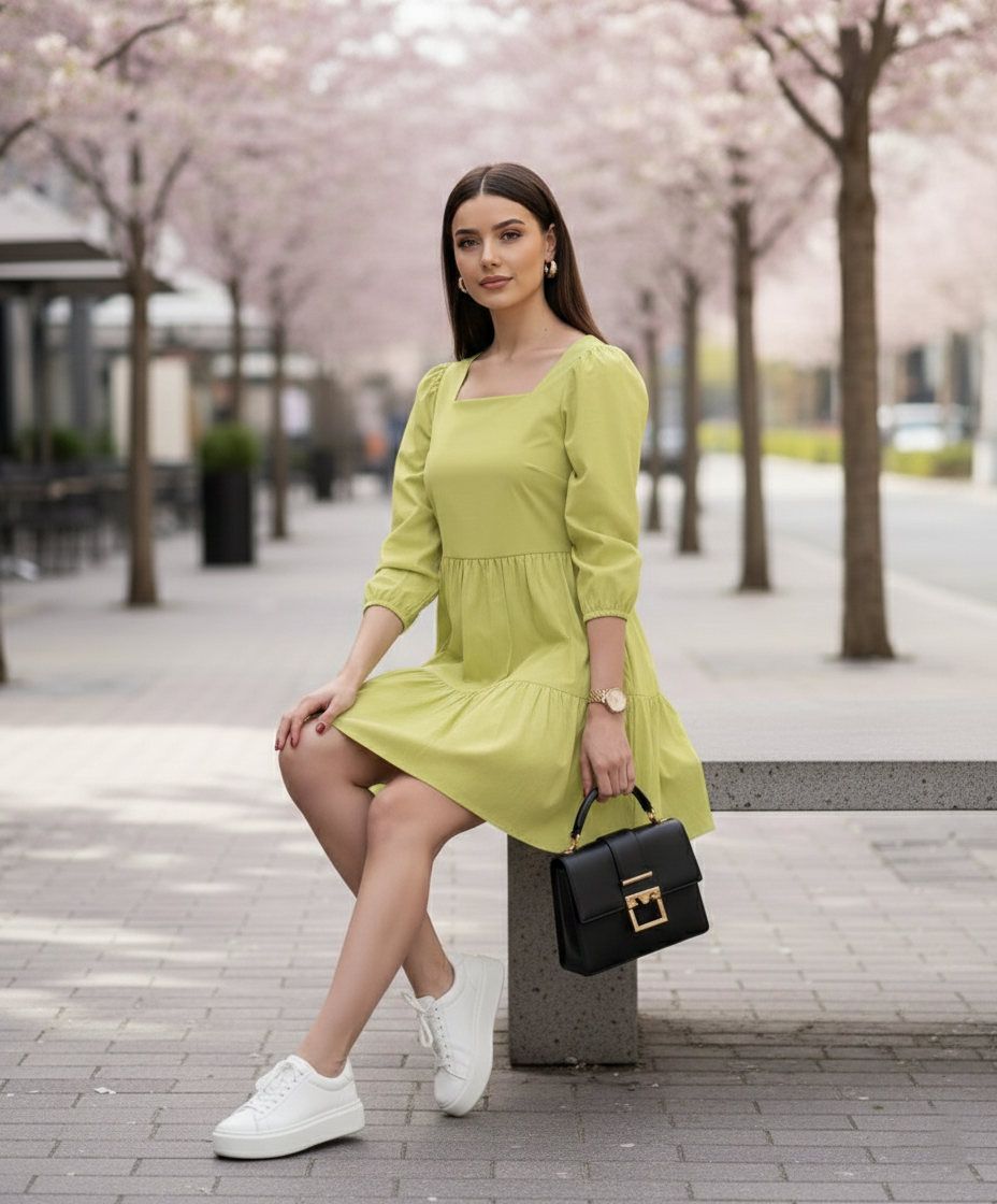 Green Mini Dress for Women in Cotton Satin | June 9 clothing