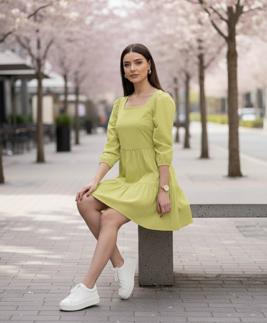 Green Mini Dress for Women in Cotton Satin 