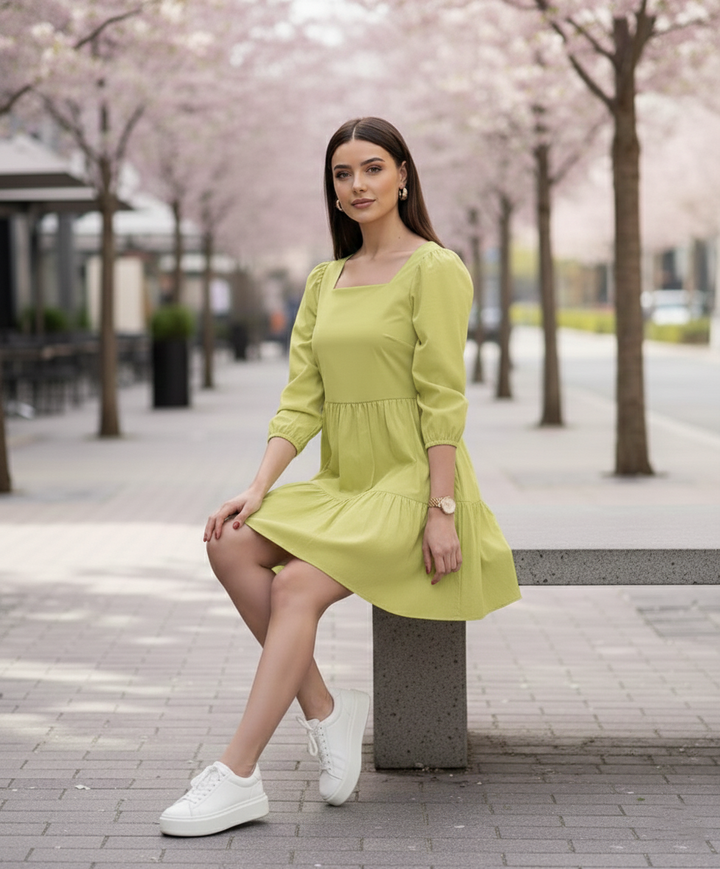 Green Mini Dress for Women in Cotton Satin 