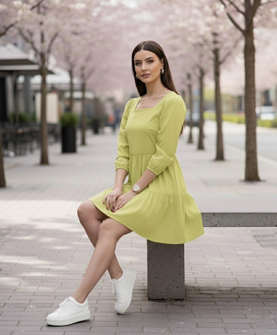 Green Mini Dress for Women in Cotton Satin - Model styling look