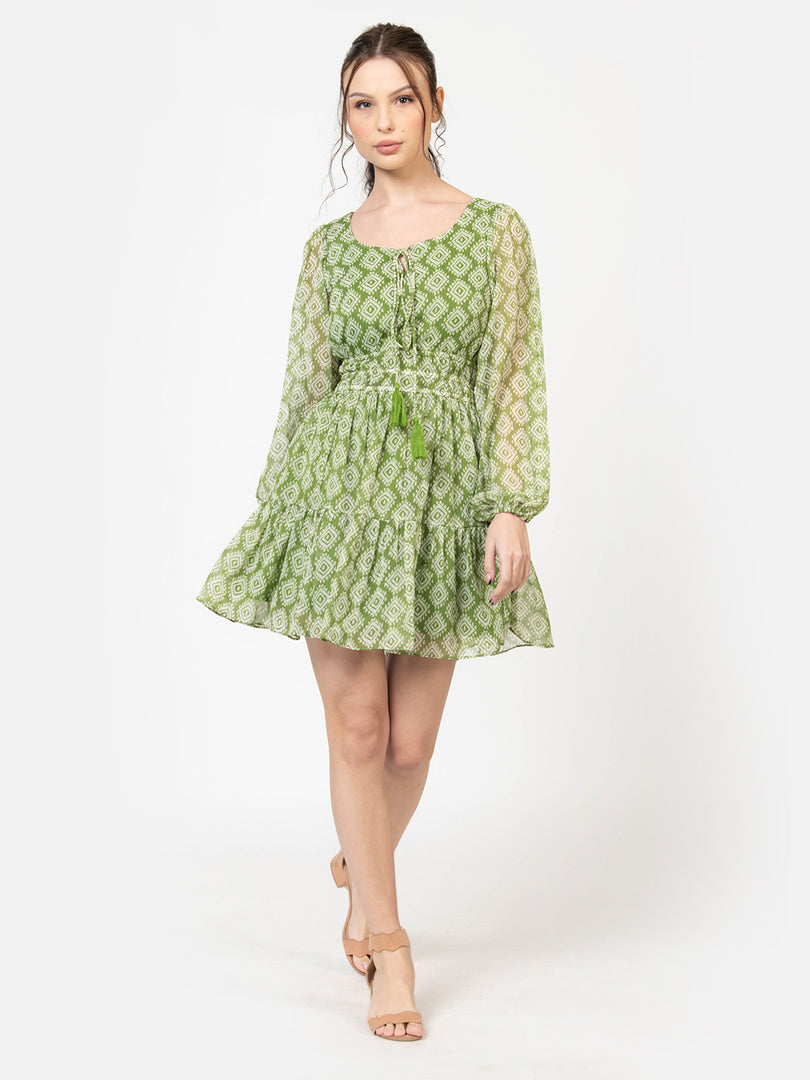 Green Mini Dress for Women with Cinched Waist
