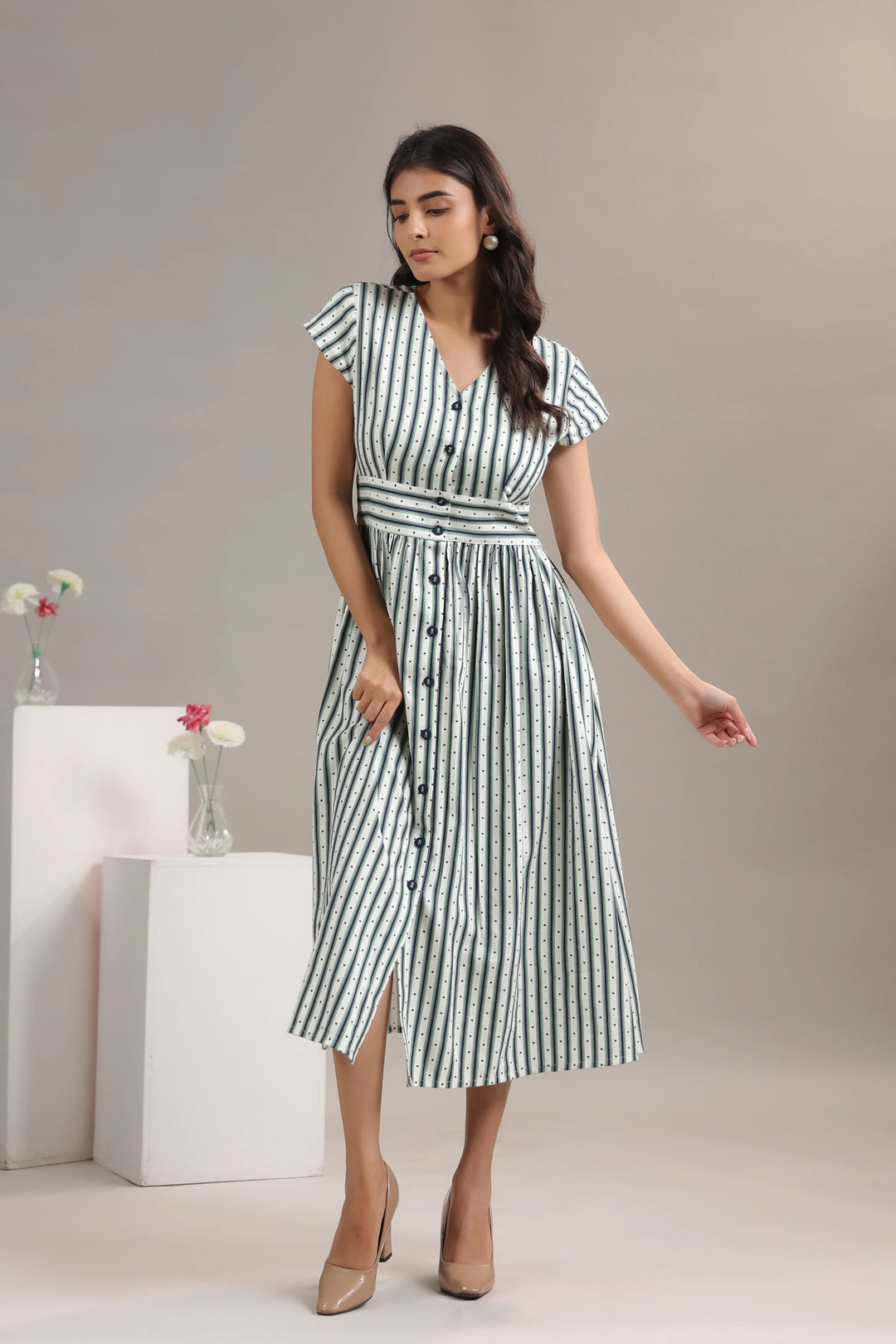 Green Striped Midi Dress for Women