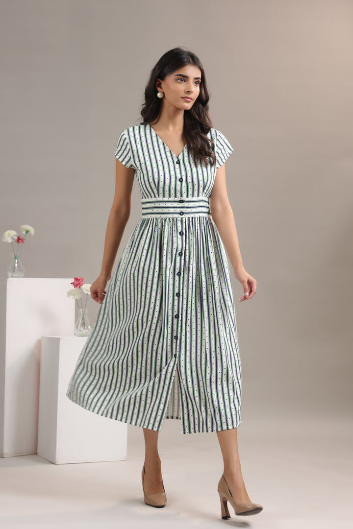 Green striped midi dress for women with defined waist silhouette