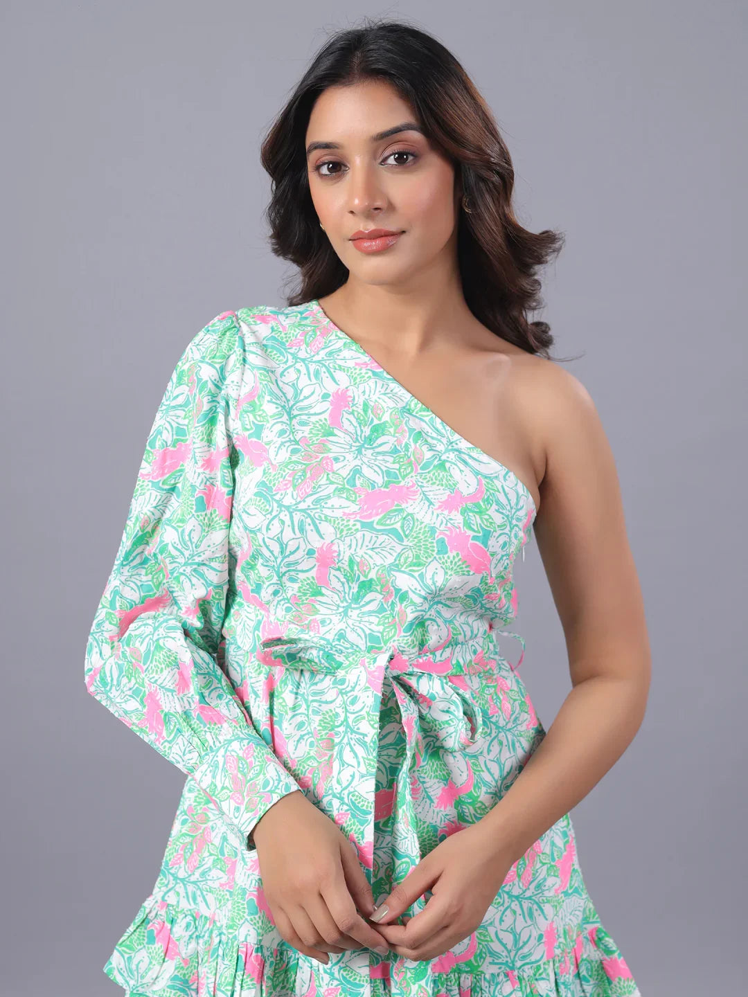 Green and White One-Shoulder Mini Dress close up look - June 9 Clothing