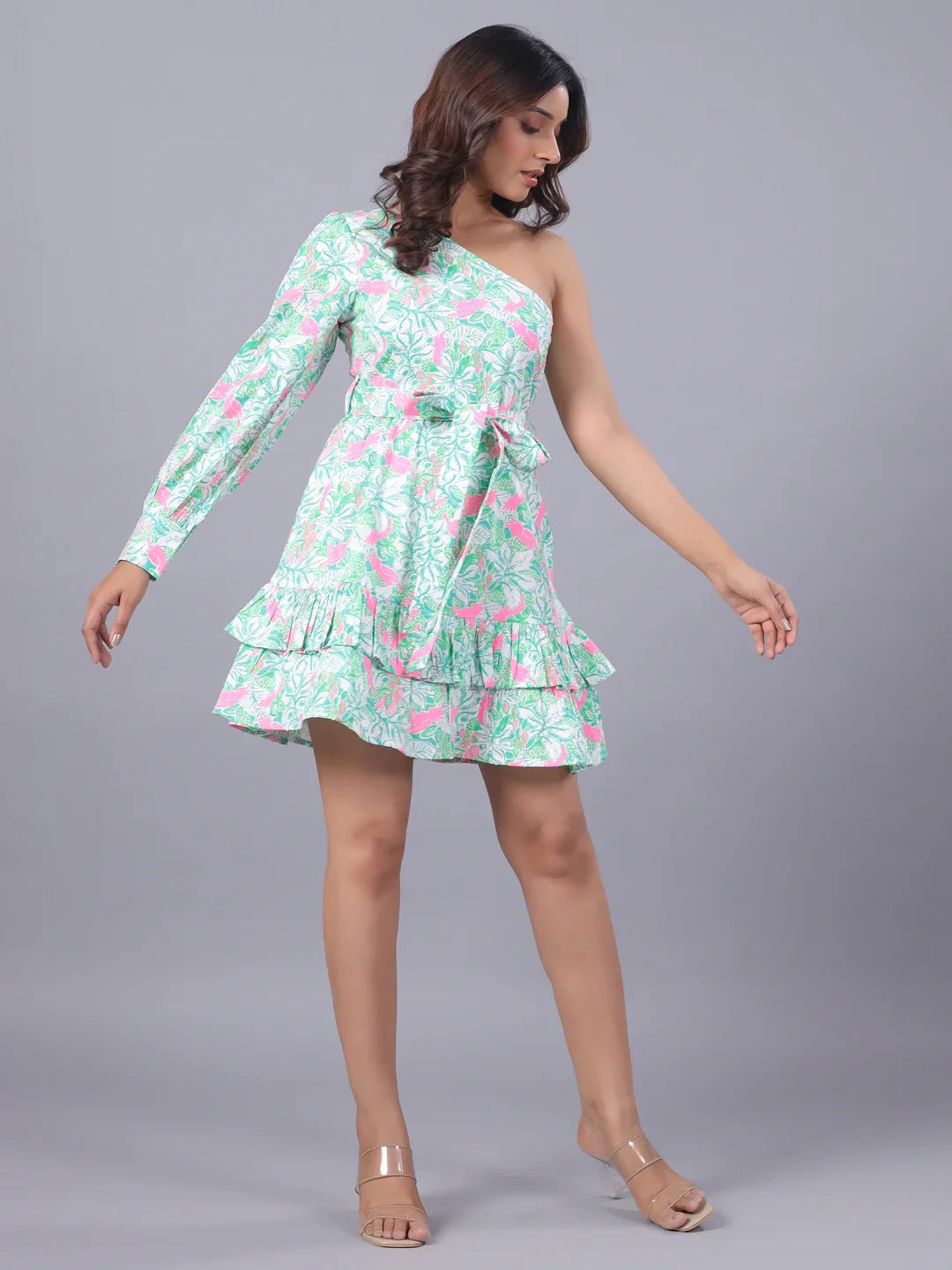 Green and White One-Shoulder Mini Dress  styling pose- June 9 Clothing