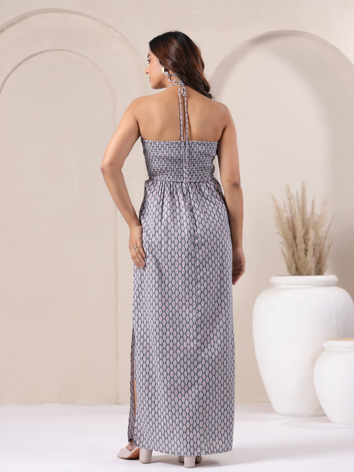 Buy Grey Ikat Print Cotton Tie-Up Dress for Women | June 9 Clothing