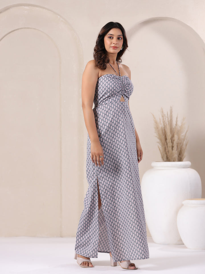 Buy Grey Ikat Print Cotton Tie-Up Dress for Women | June 9 Clothing