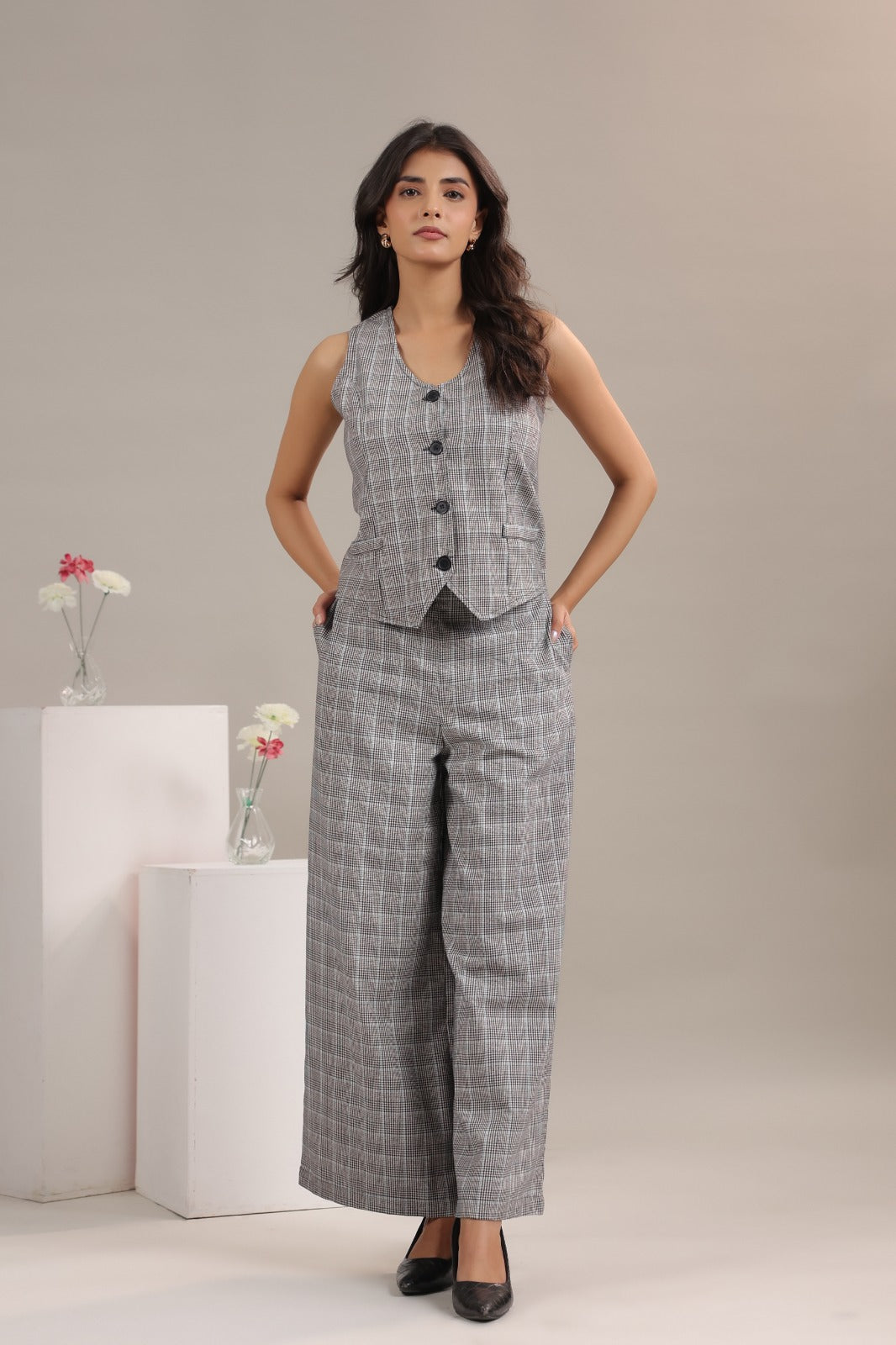 Grey checkered vest pant co ord set for women front view formal winter outfit