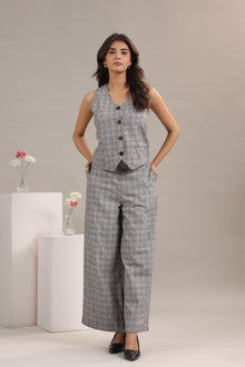 Grey checkered vest pant co ord set for women front view formal winter outfit