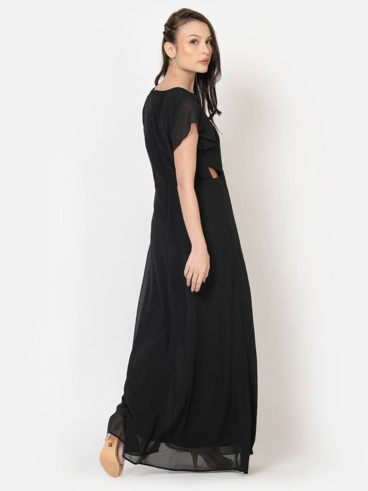 Black maxi dress with ruffle sleeves and side cutouts, chic Western wear for women
