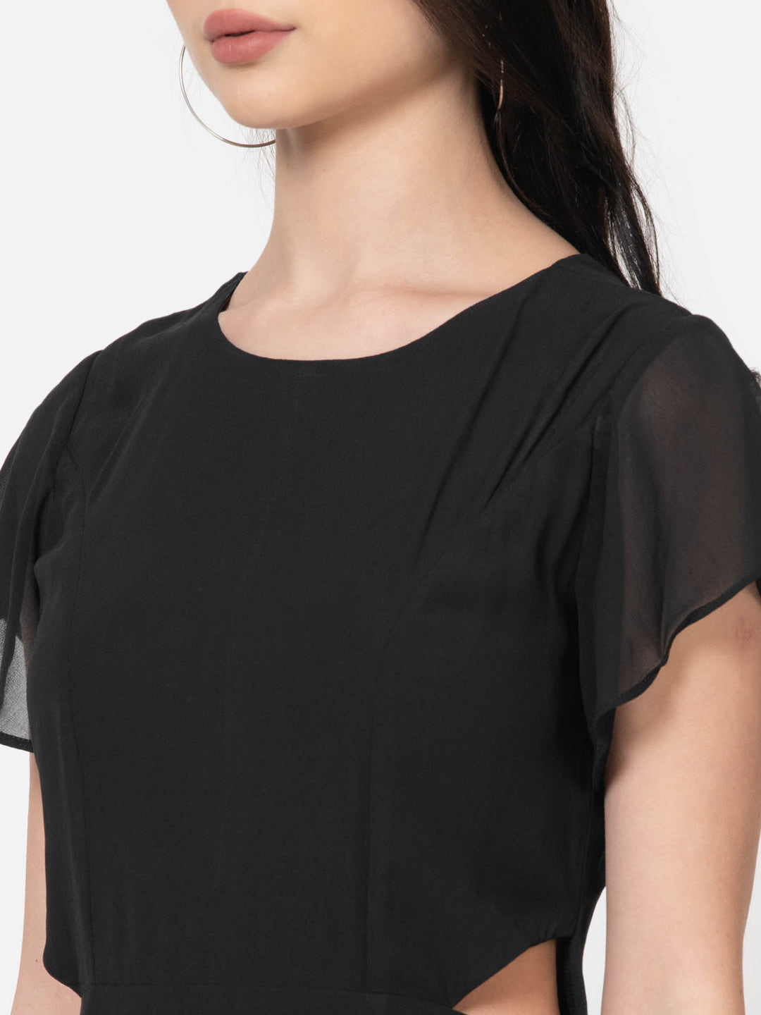 Black women's top with sheer flutter sleeves and round neckline, chic Western wear