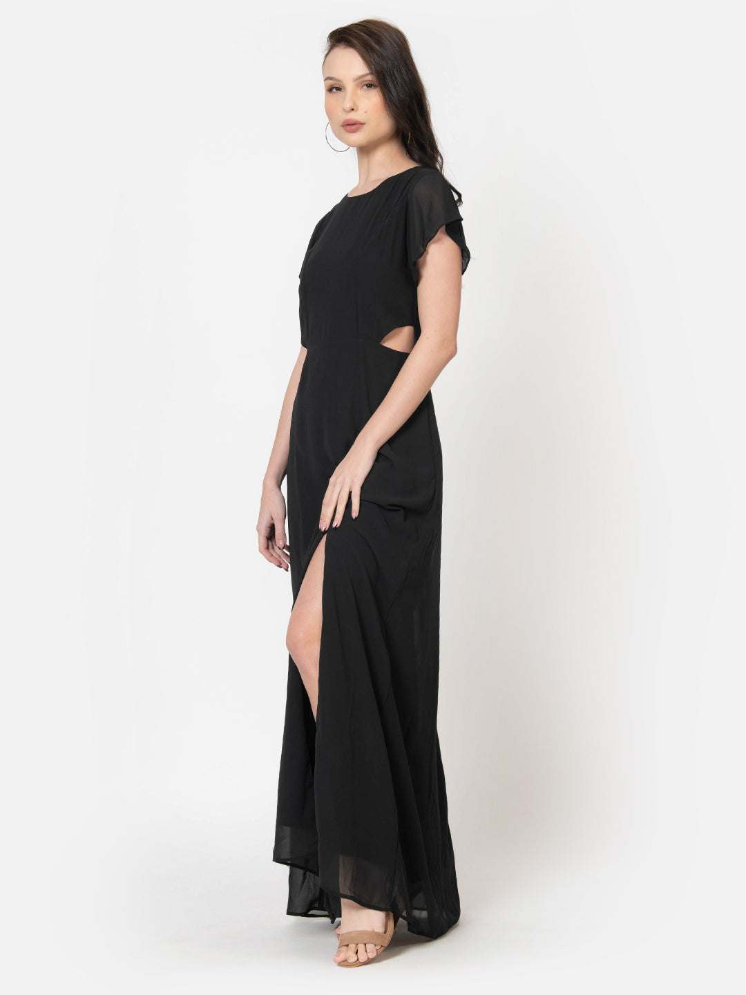 Black maxi dress with side slit and sheer cap sleeves, chic Western wear for women