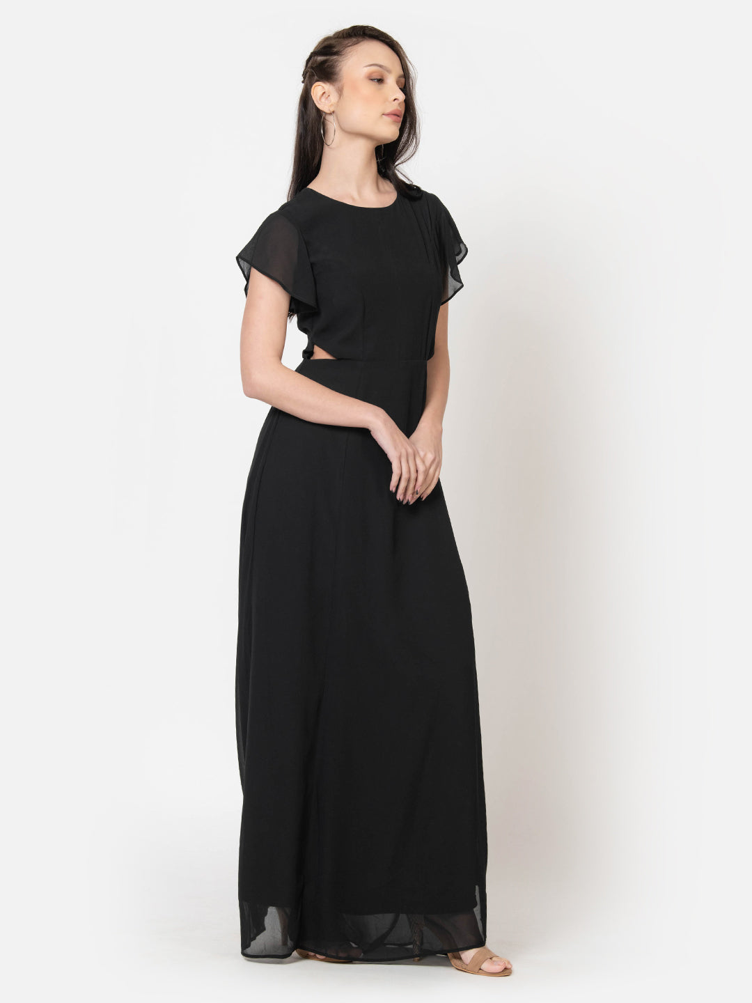 Black Western-style maxi dress with sheer ruffle sleeves and side cutout detail for women