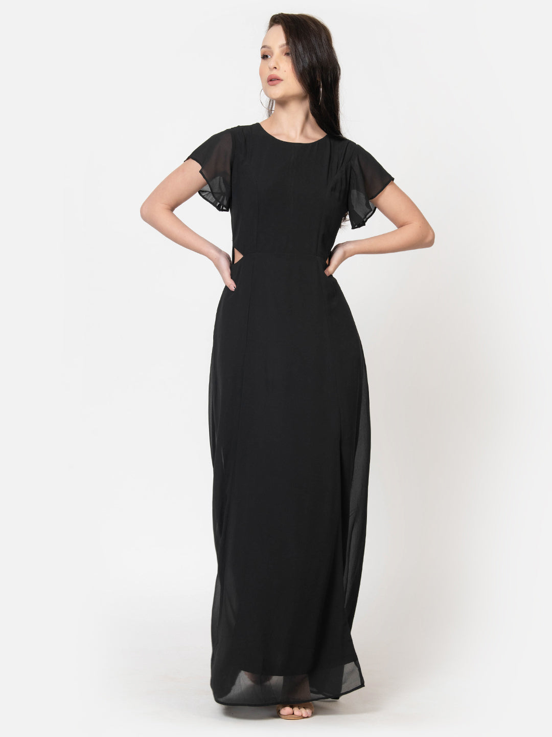 Black maxi dress with sheer short sleeves and side cutouts, stylish Western wear for women