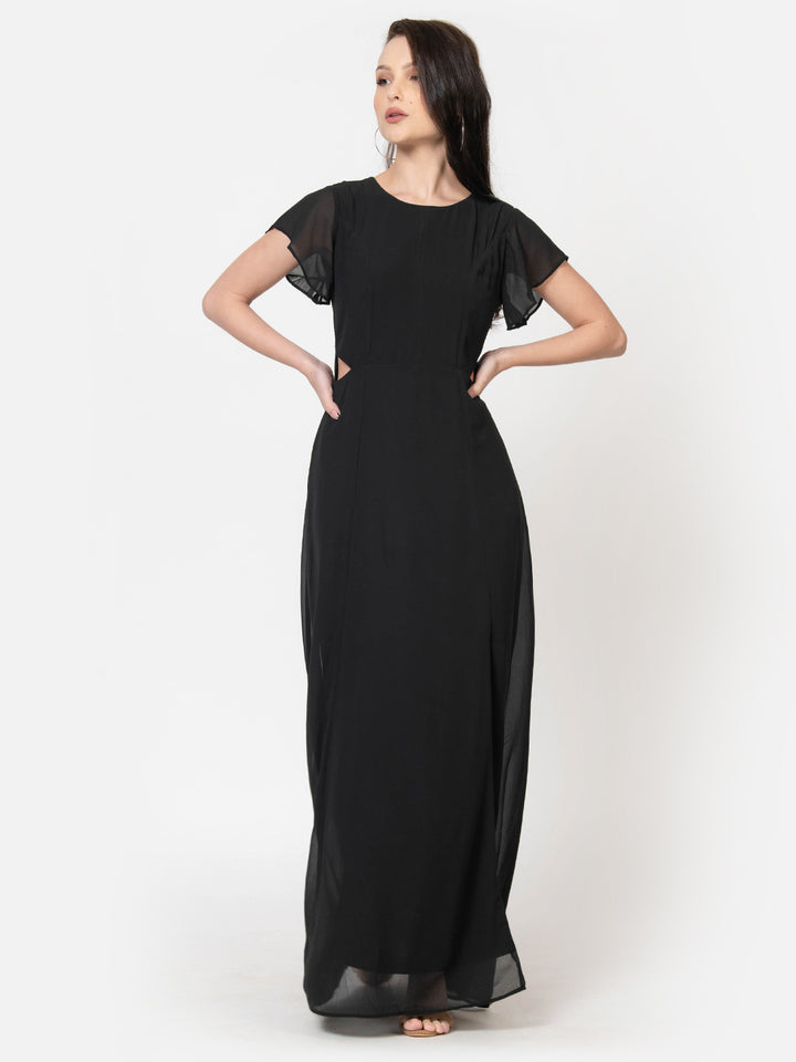 Black maxi dress with sheer short sleeves and side cutouts, stylish Western wear for women