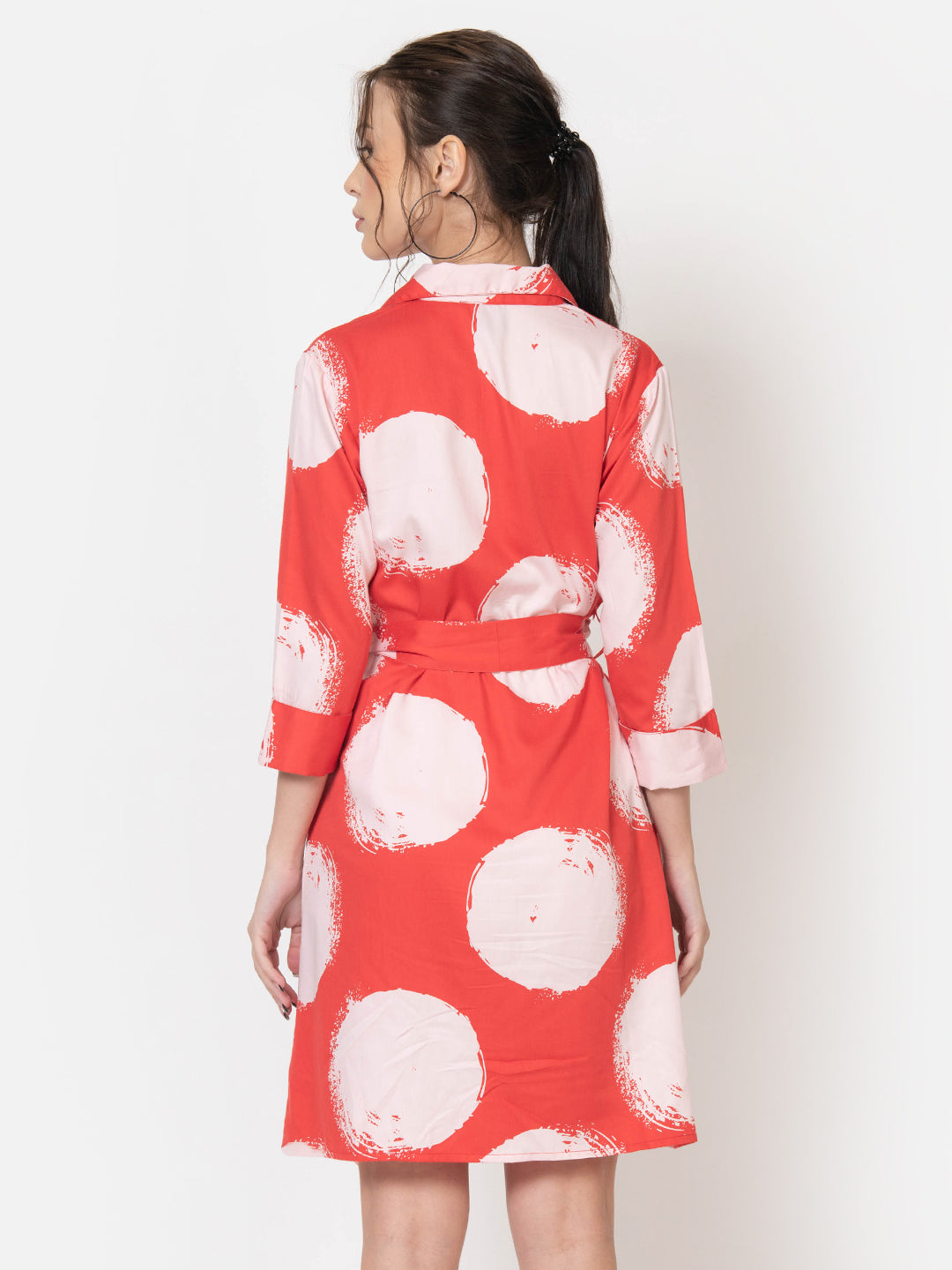 Red polka dot shirt dress with belt, chic Western wear for women