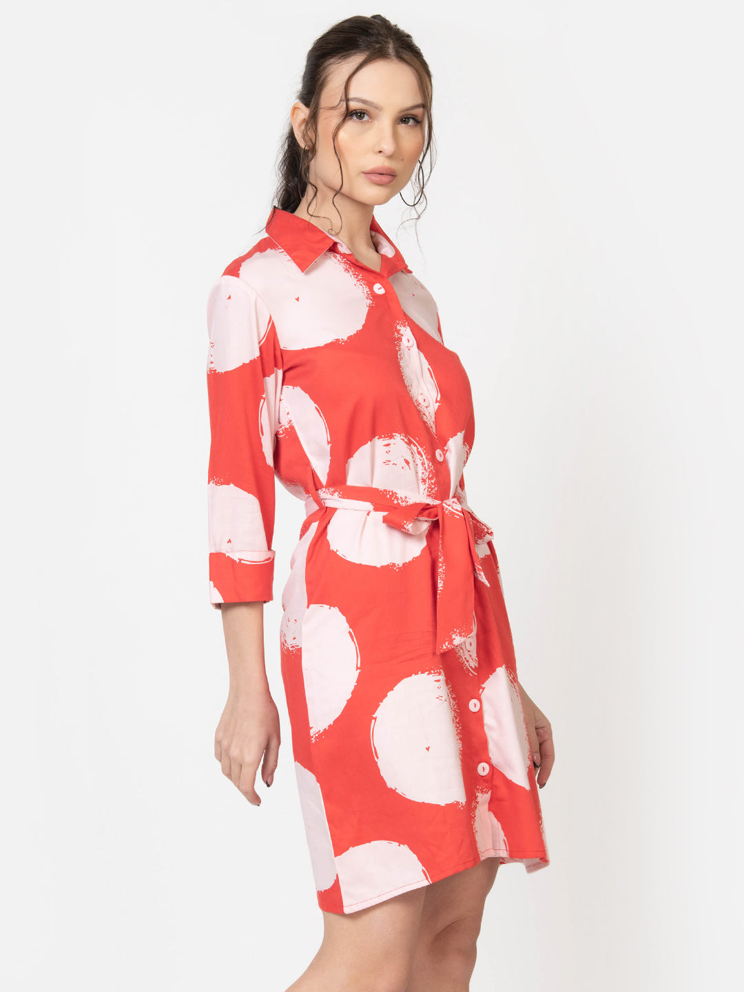 Red and white polka dot shirt dress with belt, chic Western wear for women