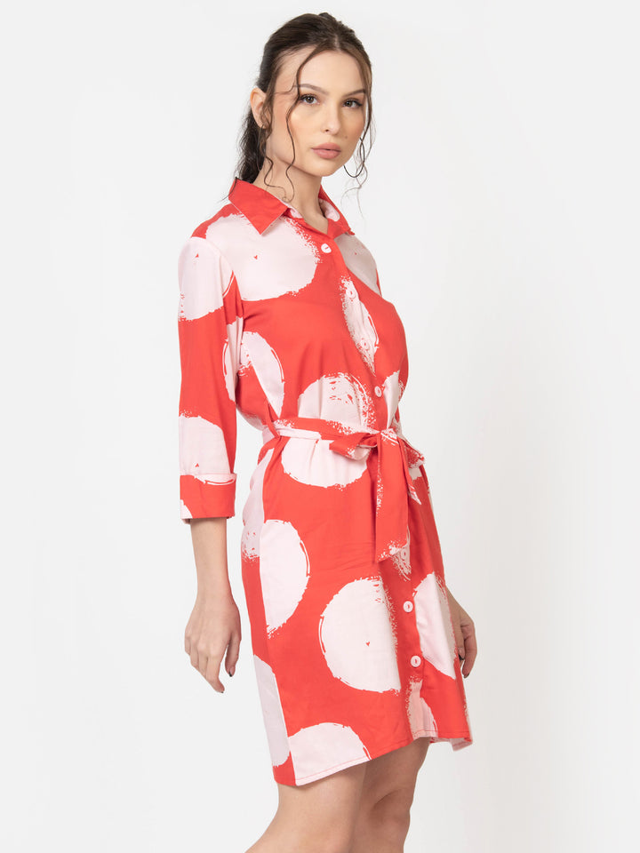 Red and white polka dot shirt dress with belt, chic Western wear for women