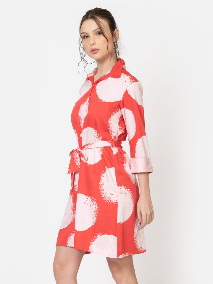 Red and white polka dot shirt dress with belt, chic Western wear for women
