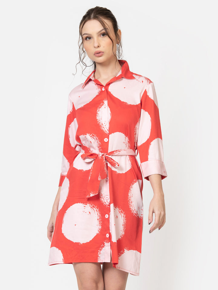 Coral and white abstract print shirt dress with tie waist, chic women's Western wear