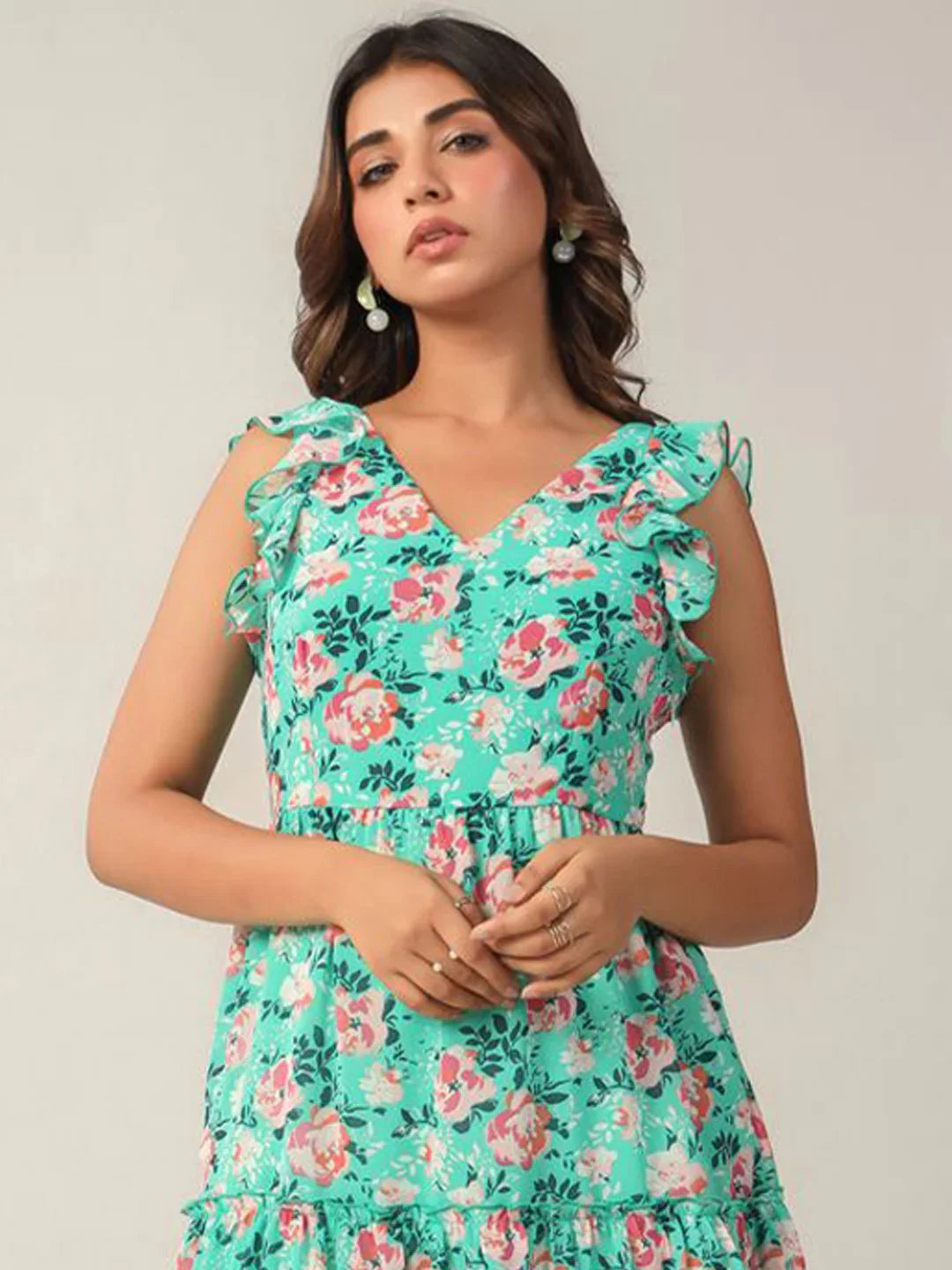 Close-up of a flattering Fit & Flare A-Line dress in vibrant floral georgette fabric.
