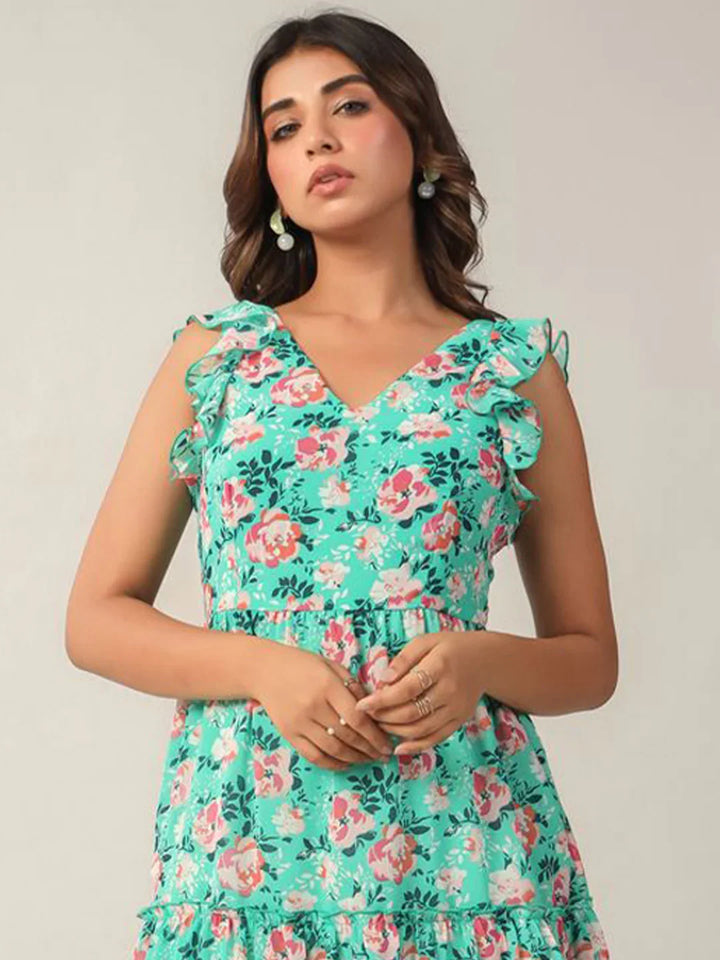 Close-up of a flattering Fit & Flare A-Line dress in vibrant floral georgette fabric.