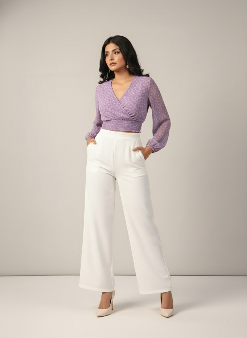 Lavender Chiffon Overlap Smocked Ribbed Crop Top | Model Front View