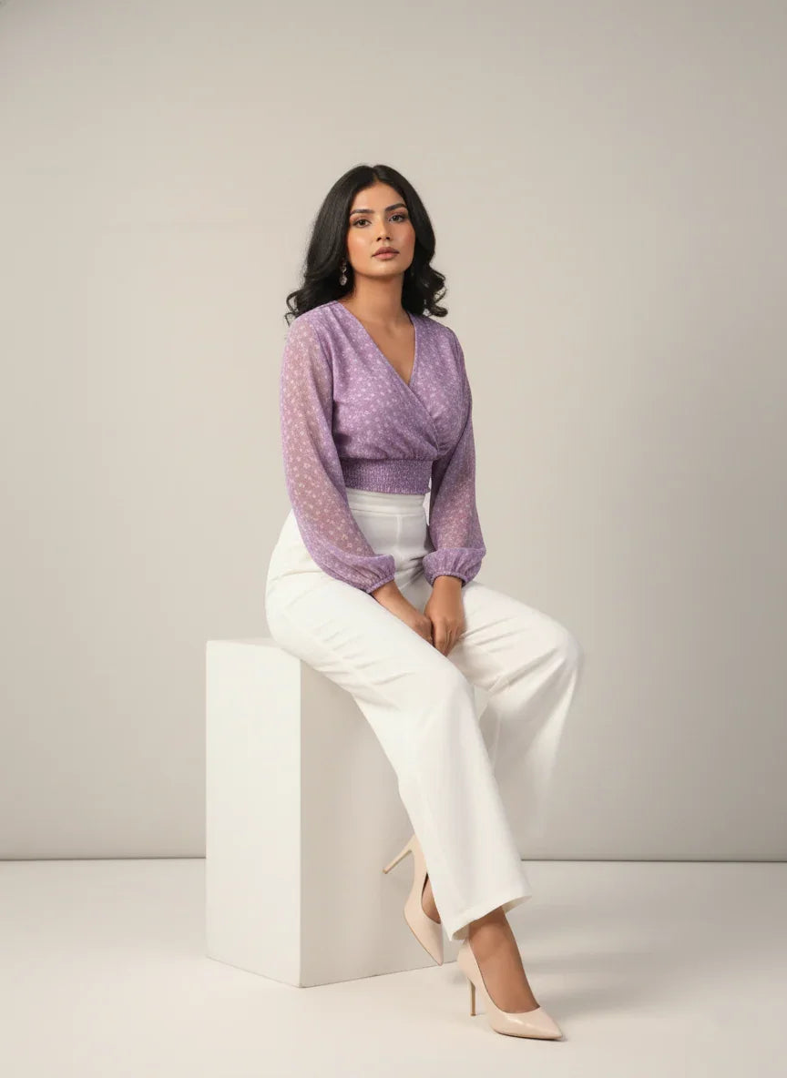 Lavender Chiffon Overlap Smocked Ribbed Crop Top  | Model Side Look