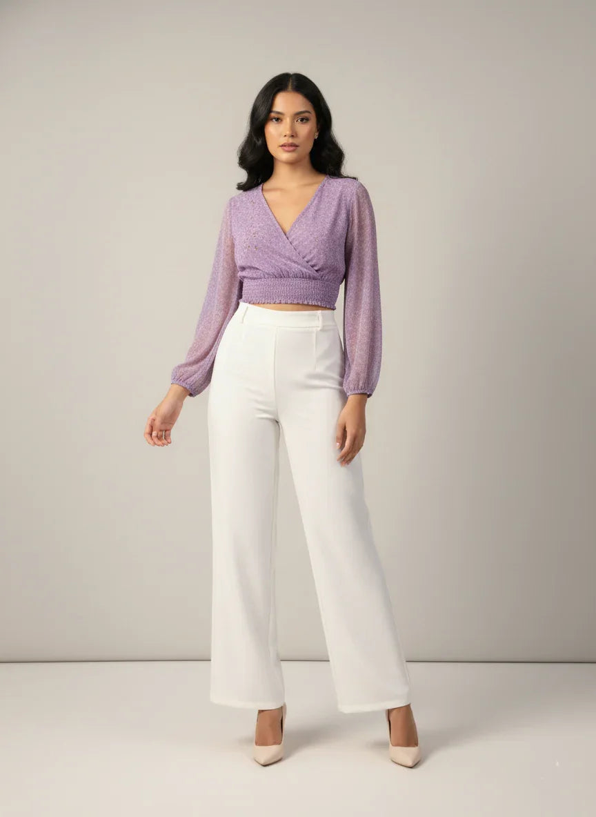 Lavender Chiffon Overlap Smocked Ribbed Crop Top | Model Pose Look 