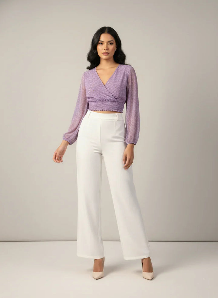 Lavender Chiffon Overlap Smocked Ribbed Crop Top | Model Pose Look 