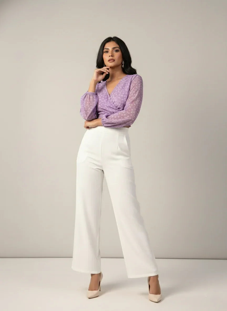 Lavender Chiffon Overlap Smocked Ribbed Crop Top 