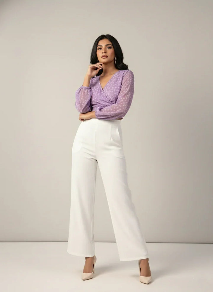 Lavender Chiffon Overlap Smocked Ribbed Crop Top 