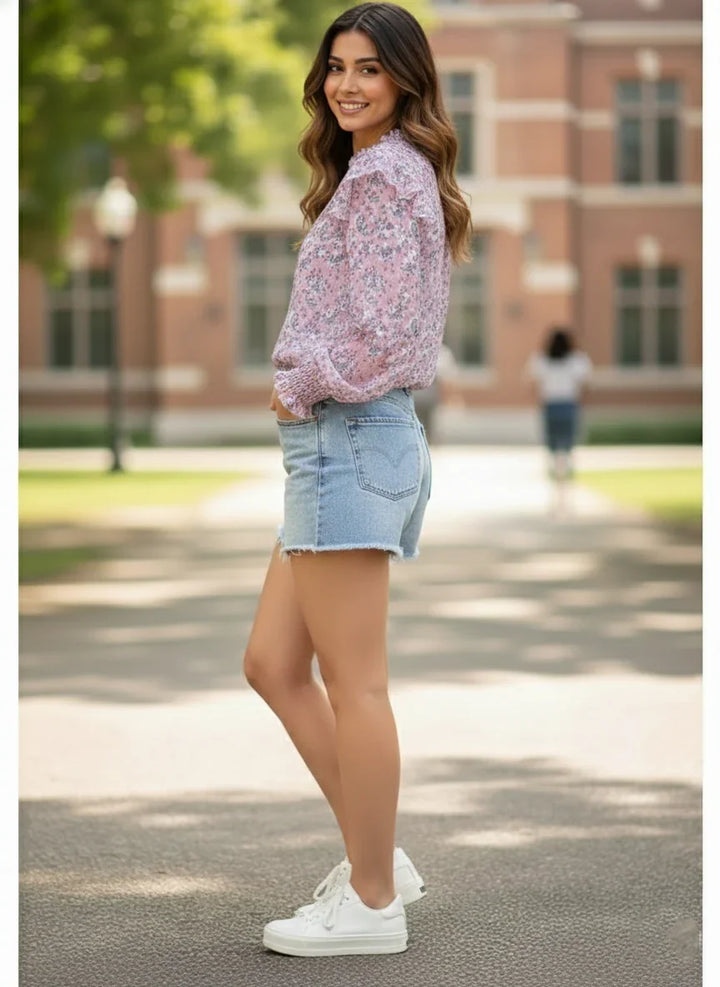 Mauve Floral Sheer Shirt: Smocked Cuff, Ruffle