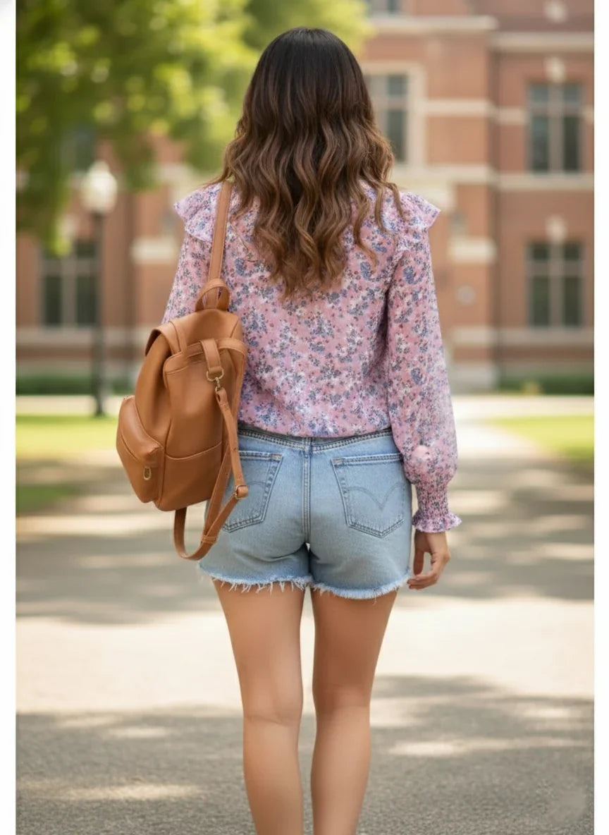 Mauve Floral Sheer Shirt: Smocked Cuff, Ruffle