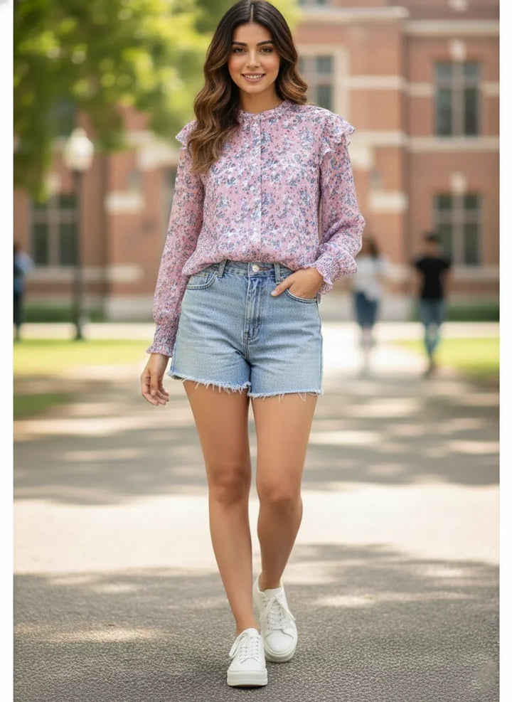 Mauve Floral Sheer Shirt: Smocked Cuff, Ruffle